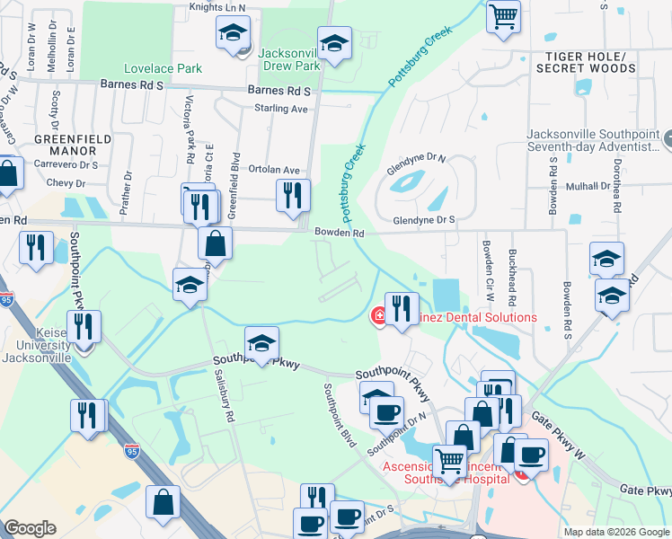 map of restaurants, bars, coffee shops, grocery stores, and more near 6700-3 Bowden Ap in Jacksonville