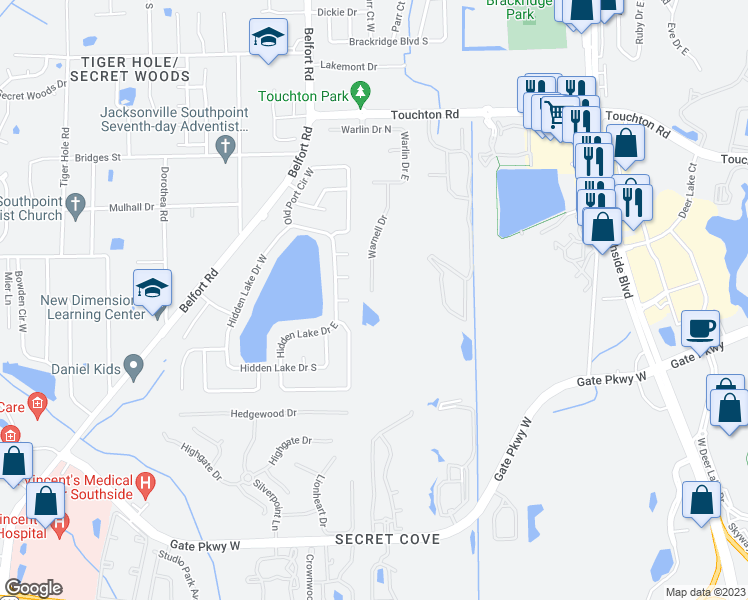 map of restaurants, bars, coffee shops, grocery stores, and more near 3373 Warnell Drive in Jacksonville