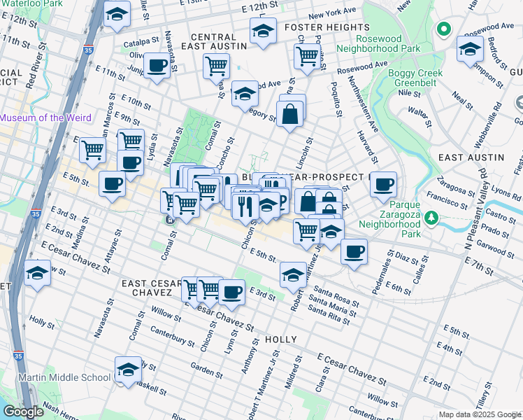 map of restaurants, bars, coffee shops, grocery stores, and more near 708 Chicon Street in Austin