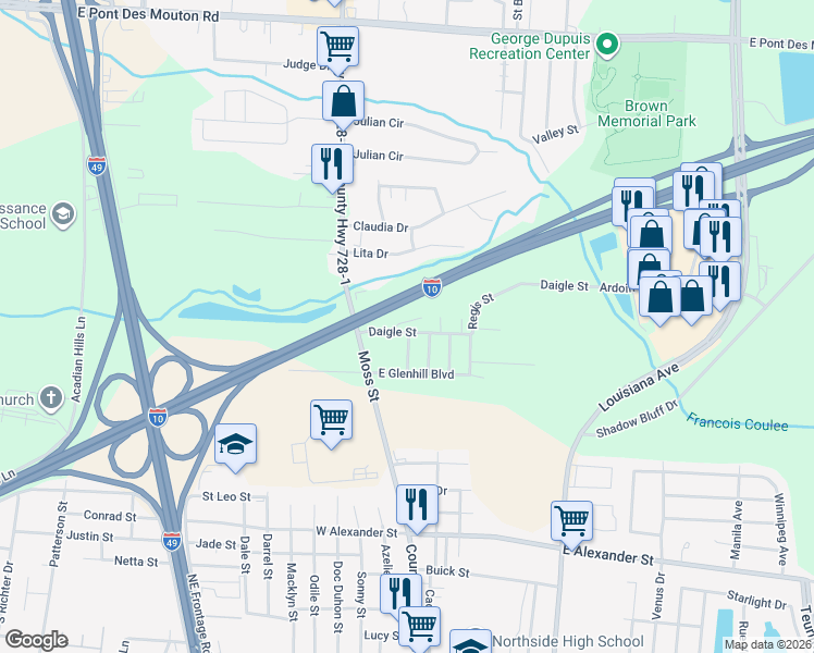 map of restaurants, bars, coffee shops, grocery stores, and more near 204 Crestview Circle in Lafayette
