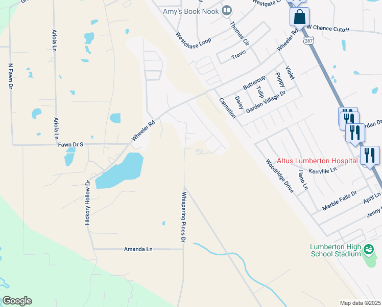 map of restaurants, bars, coffee shops, grocery stores, and more near 5382 Wheeler Road in Lumberton