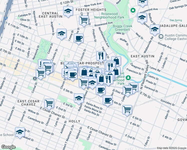 map of restaurants, bars, coffee shops, grocery stores, and more near 2200 East 8th Street in Austin