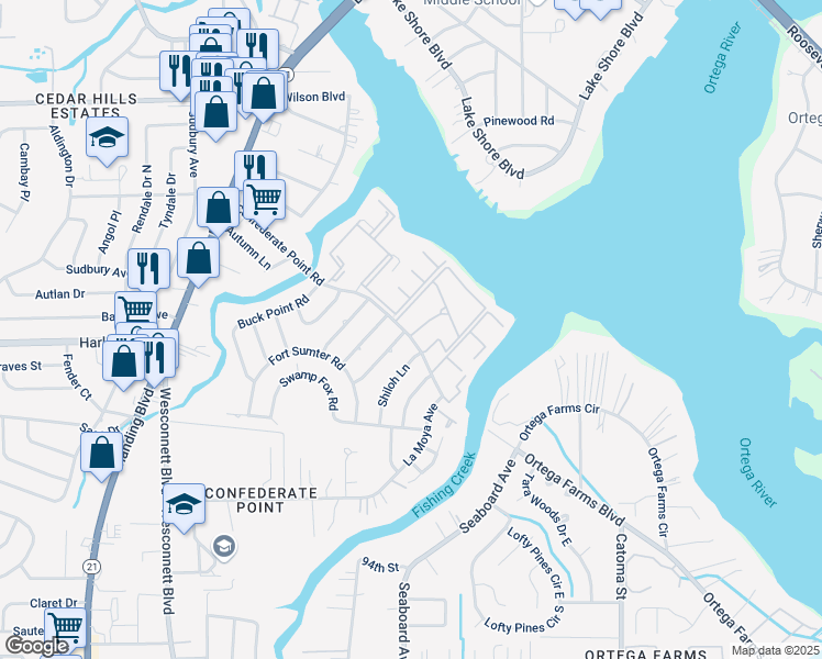 map of restaurants, bars, coffee shops, grocery stores, and more near 4375 Confederate Point Road in Jacksonville