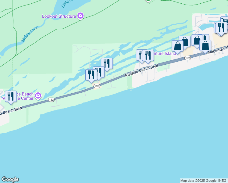 map of restaurants, bars, coffee shops, grocery stores, and more near 24310 Perdido Beach Boulevard in Orange Beach
