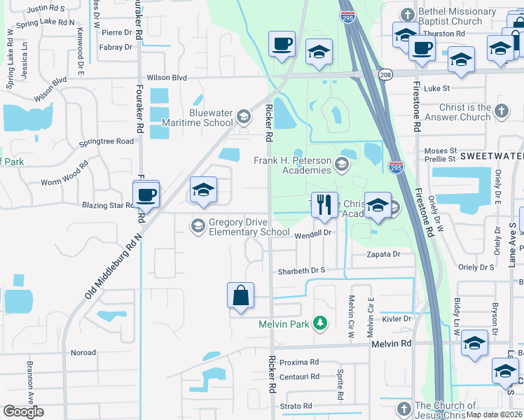 map of restaurants, bars, coffee shops, grocery stores, and more near 7621 Gregory Drive in Jacksonville
