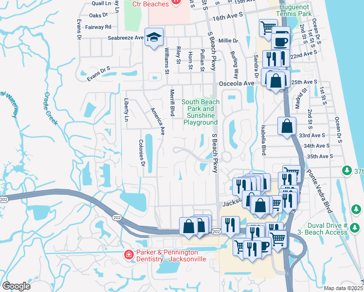 map of restaurants, bars, coffee shops, grocery stores, and more near 3398 Zephyr Way North in Jacksonville Beach