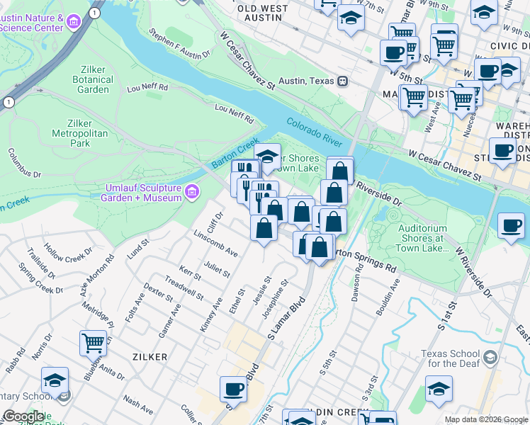 map of restaurants, bars, coffee shops, grocery stores, and more near 1625 Barton Springs Road in Austin