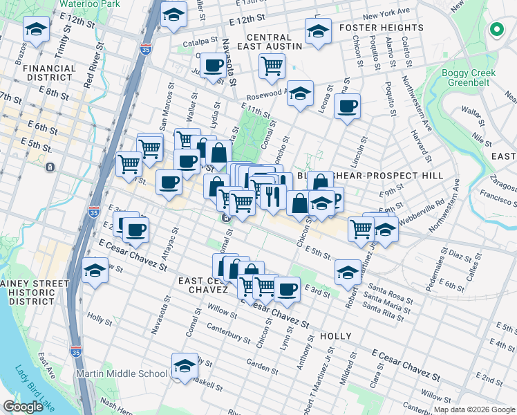 map of restaurants, bars, coffee shops, grocery stores, and more near 1648 East 6th Street in Austin