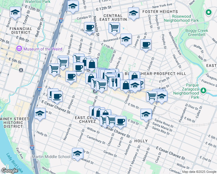 map of restaurants, bars, coffee shops, grocery stores, and more near 1648 East 6th Street in Austin