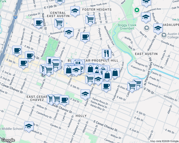 map of restaurants, bars, coffee shops, grocery stores, and more near 2103 East 8th Street in Austin
