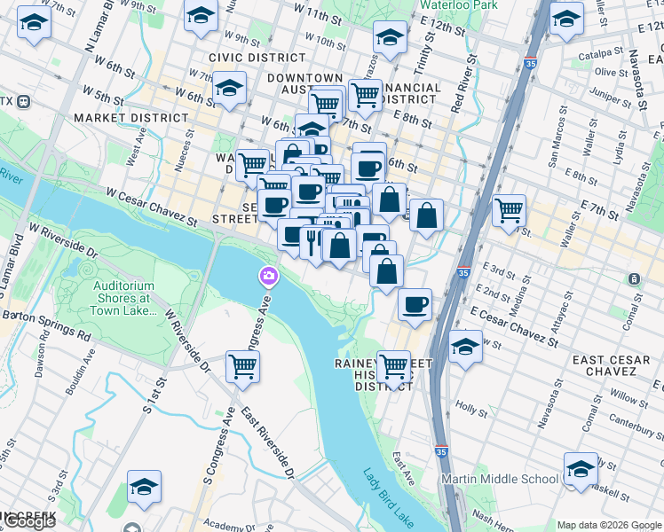 map of restaurants, bars, coffee shops, grocery stores, and more near E Cesar Chavez St & San Jacinto Blvd in Austin