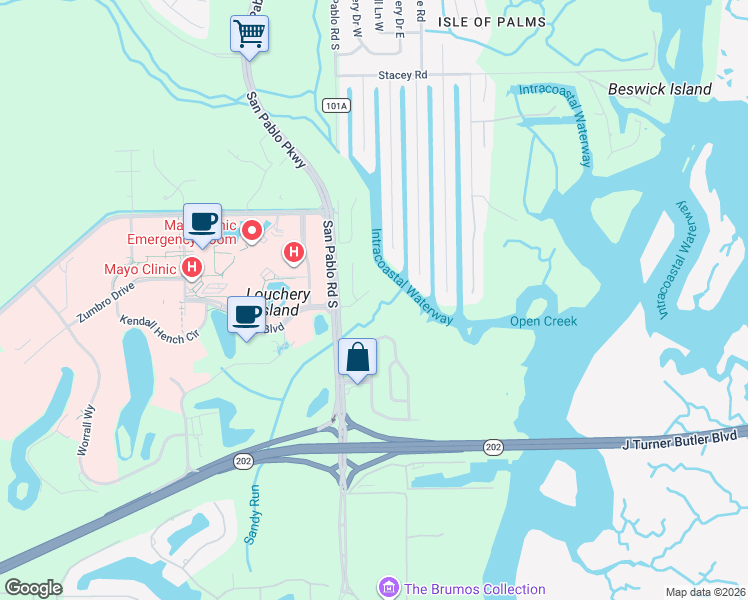 map of restaurants, bars, coffee shops, grocery stores, and more near 14350 Sandy Hook Road in Jacksonville