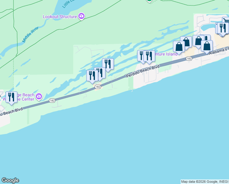 map of restaurants, bars, coffee shops, grocery stores, and more near 24310 Perdido Beach Boulevard in Orange Beach
