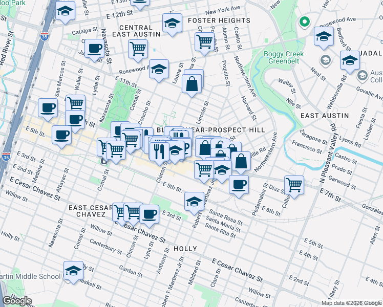 map of restaurants, bars, coffee shops, grocery stores, and more near 1918 East 7th Street in Austin
