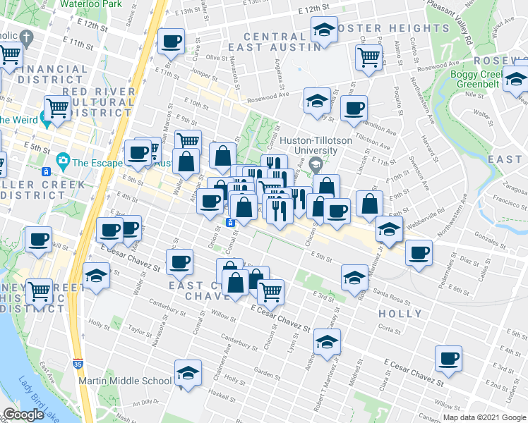 map of restaurants, bars, coffee shops, grocery stores, and more near 1648 East 6th Street in Austin