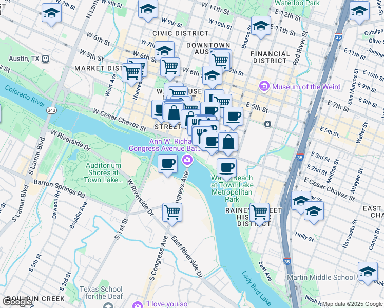 map of restaurants, bars, coffee shops, grocery stores, and more near 40 Congress Avenue in Austin