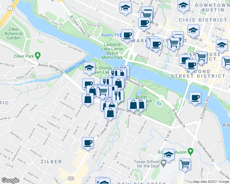 map of restaurants, bars, coffee shops, grocery stores, and more near 302 South Lamar Boulevard in Austin