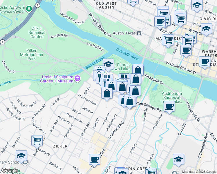 map of restaurants, bars, coffee shops, grocery stores, and more near 1600 Barton Springs Road in Austin