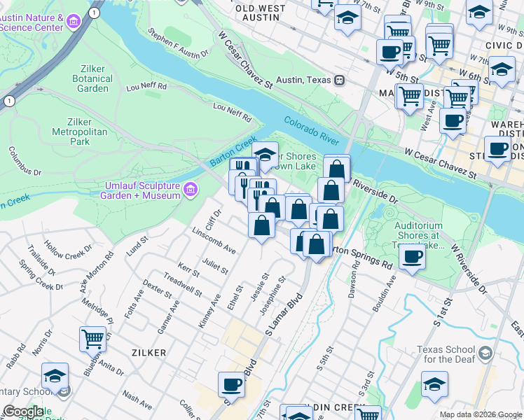 map of restaurants, bars, coffee shops, grocery stores, and more near 1625 Barton Springs Road in Austin
