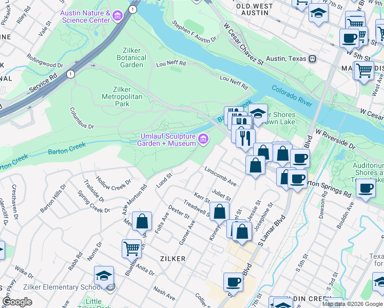 map of restaurants, bars, coffee shops, grocery stores, and more near 863 Azie Morton Road in Austin