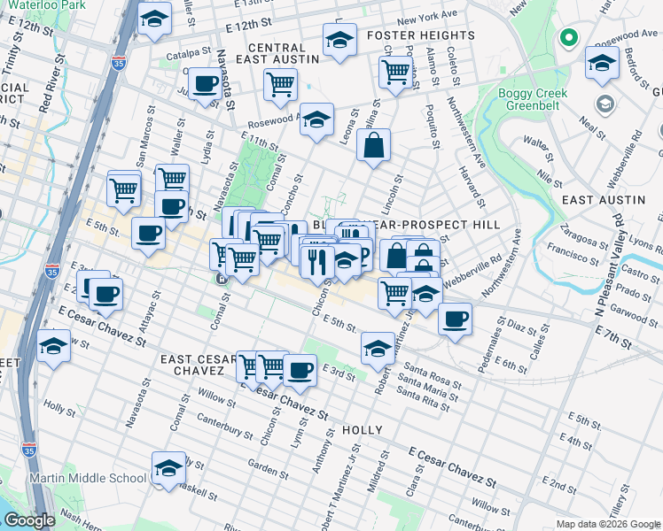 map of restaurants, bars, coffee shops, grocery stores, and more near 1882 East 6th Street in Austin