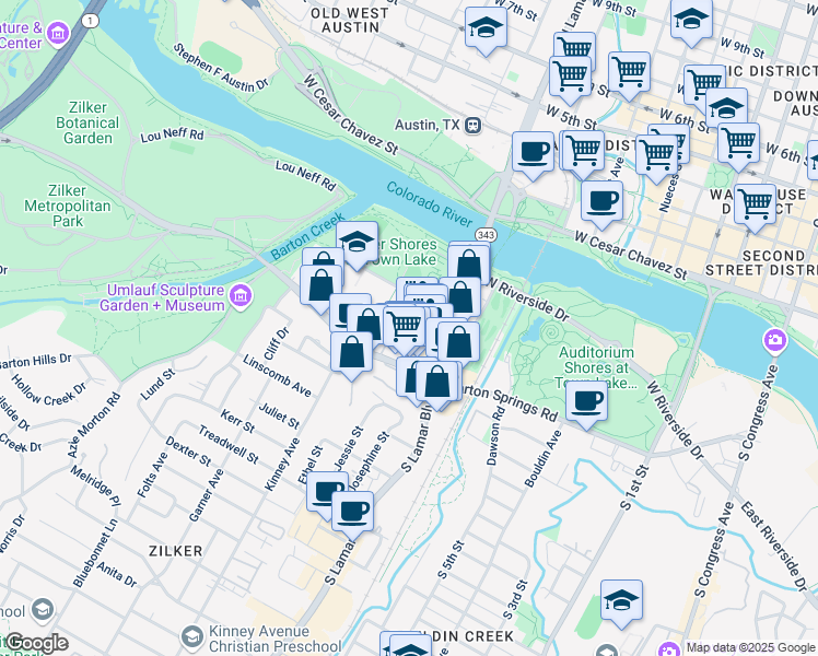 map of restaurants, bars, coffee shops, grocery stores, and more near 400 Jessie Street in Austin