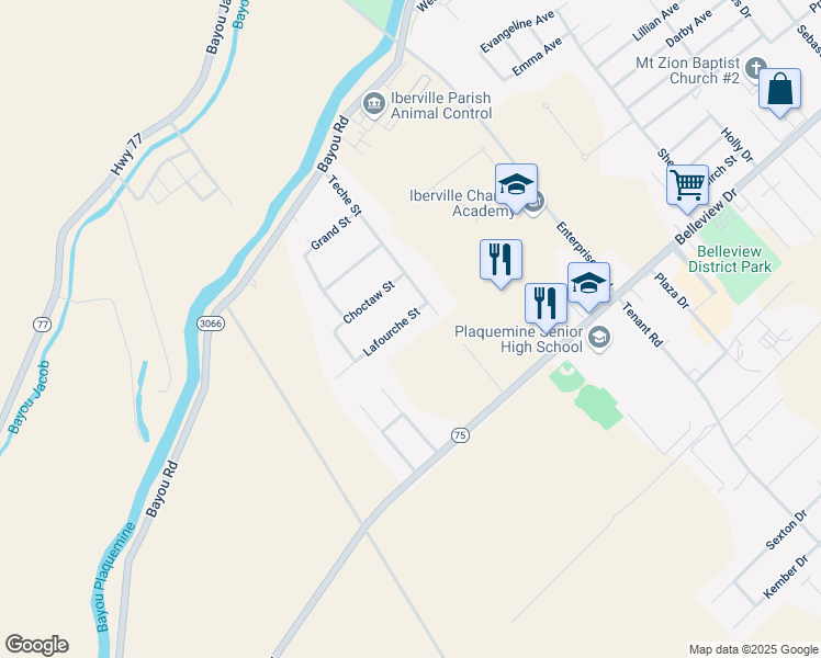 map of restaurants, bars, coffee shops, grocery stores, and more near 60175 Lafourche Street in Plaquemine