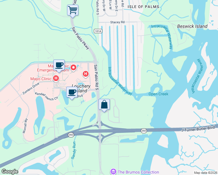 map of restaurants, bars, coffee shops, grocery stores, and more near 14350 Sandy Hook Road in Jacksonville