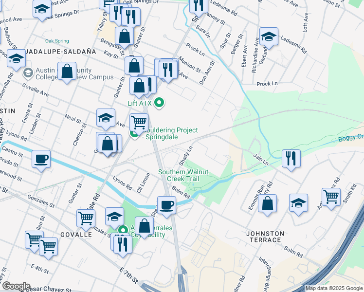 map of restaurants, bars, coffee shops, grocery stores, and more near 1142 Shady Lane in Austin