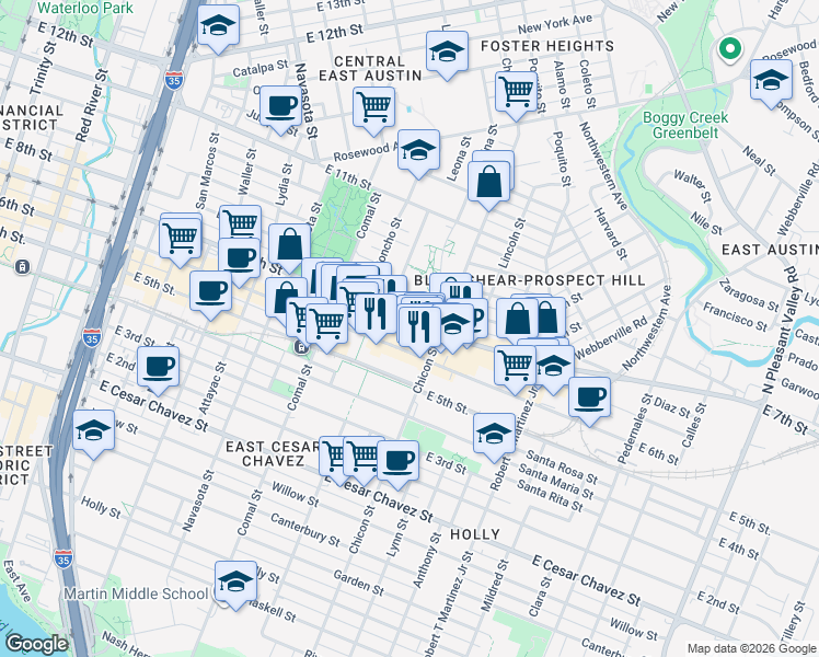 map of restaurants, bars, coffee shops, grocery stores, and more near 1711 East 7th Street in Austin