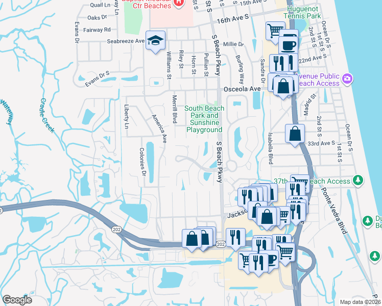 map of restaurants, bars, coffee shops, grocery stores, and more near 3398 Zephyr Way North in Jacksonville Beach