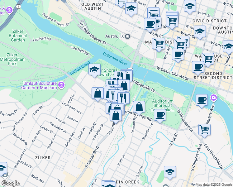 map of restaurants, bars, coffee shops, grocery stores, and more near 300 South Lamar Boulevard in Austin