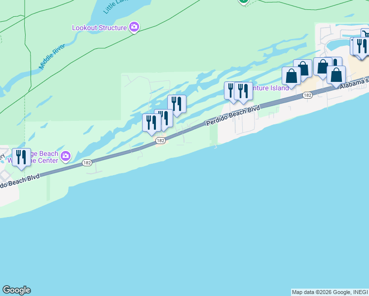 map of restaurants, bars, coffee shops, grocery stores, and more near 24310 Perdido Beach Boulevard in Orange Beach