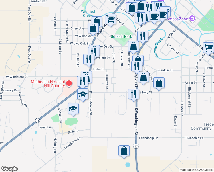 map of restaurants, bars, coffee shops, grocery stores, and more near 212 East Highway Street in Fredericksburg