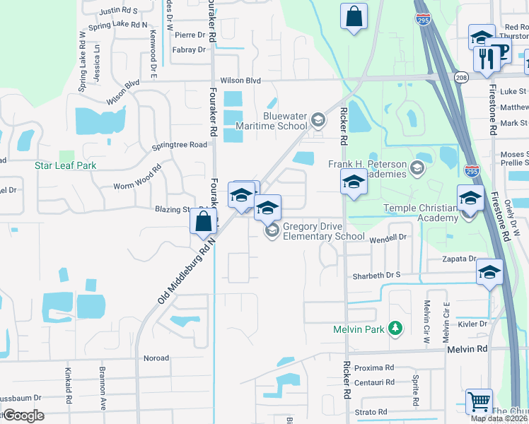 map of restaurants, bars, coffee shops, grocery stores, and more near 7854 Hunters Lake Circle South in Jacksonville