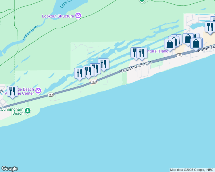 map of restaurants, bars, coffee shops, grocery stores, and more near 24310 Perdido Beach Boulevard in Orange Beach