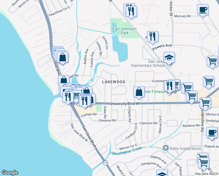 map of restaurants, bars, coffee shops, grocery stores, and more near 5522 Duke Road in Jacksonville
