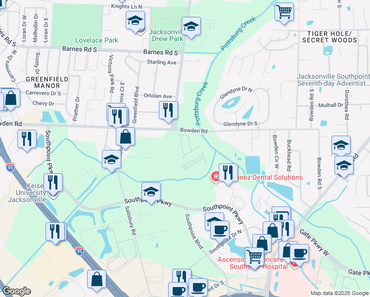map of restaurants, bars, coffee shops, grocery stores, and more near 6700-3 Bowden Ap in Jacksonville