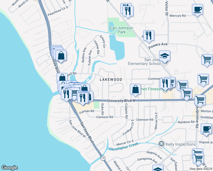 map of restaurants, bars, coffee shops, grocery stores, and more near 5522 Duke Road in Jacksonville