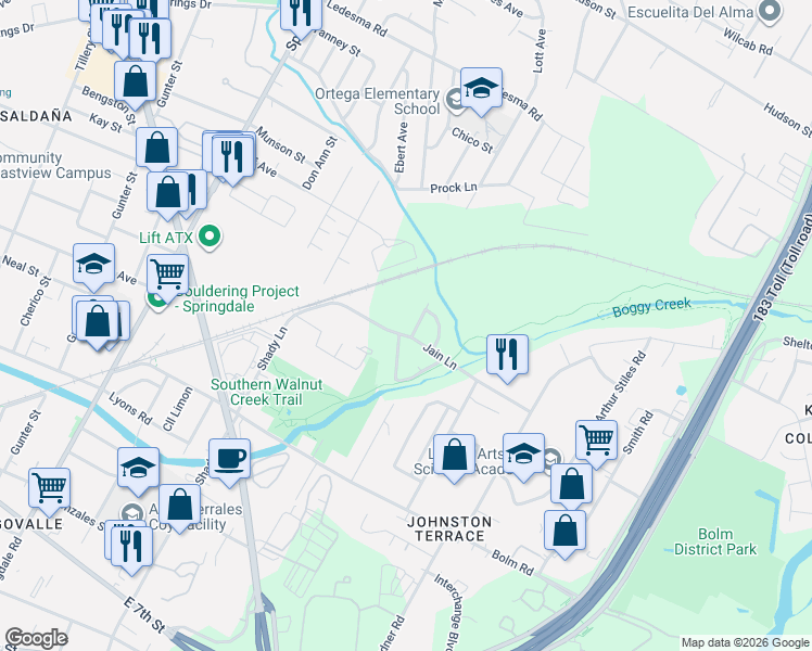 map of restaurants, bars, coffee shops, grocery stores, and more near 5500 Jain Lane in Austin