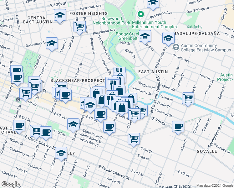 map of restaurants, bars, coffee shops, grocery stores, and more near 2505 Webberville Road in Austin