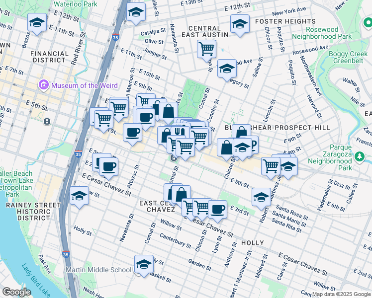 map of restaurants, bars, coffee shops, grocery stores, and more near 1621 East 6th Street in Austin