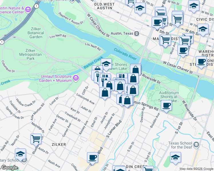 map of restaurants, bars, coffee shops, grocery stores, and more near 1600 Barton Springs Road in Austin