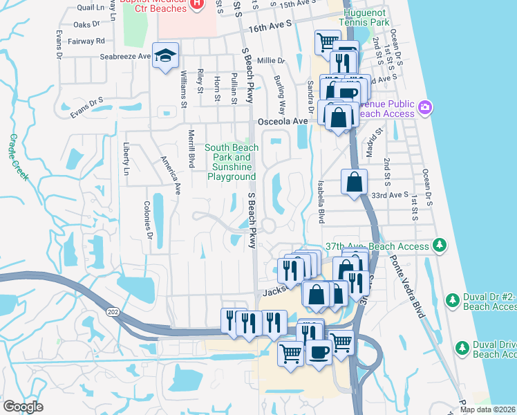 map of restaurants, bars, coffee shops, grocery stores, and more near 3376 Antigua Drive in Jacksonville Beach