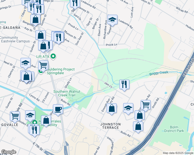 map of restaurants, bars, coffee shops, grocery stores, and more near 5401 Stuart Circle in Austin