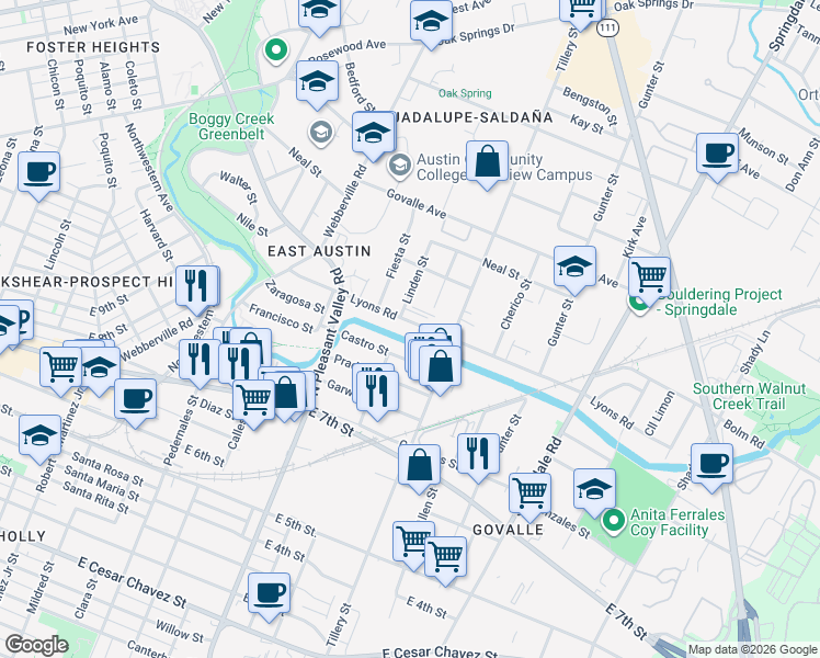 map of restaurants, bars, coffee shops, grocery stores, and more near 3007 1/2 Lyons Road in Austin