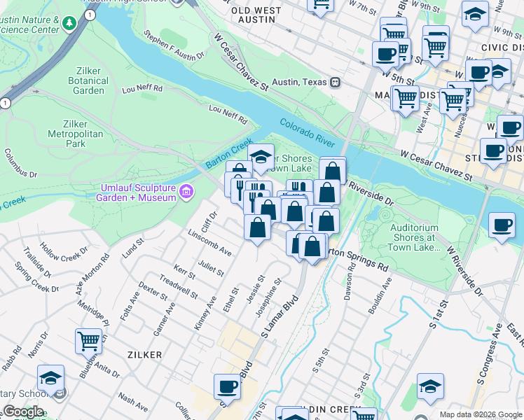 map of restaurants, bars, coffee shops, grocery stores, and more near 1600 Barton Springs Road in Austin