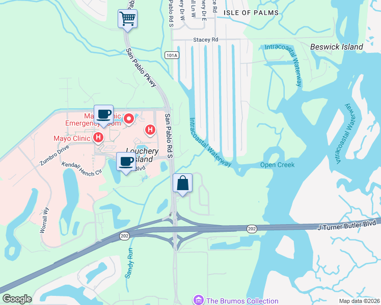 map of restaurants, bars, coffee shops, grocery stores, and more near 14350 Sandy Hook Road in Jacksonville