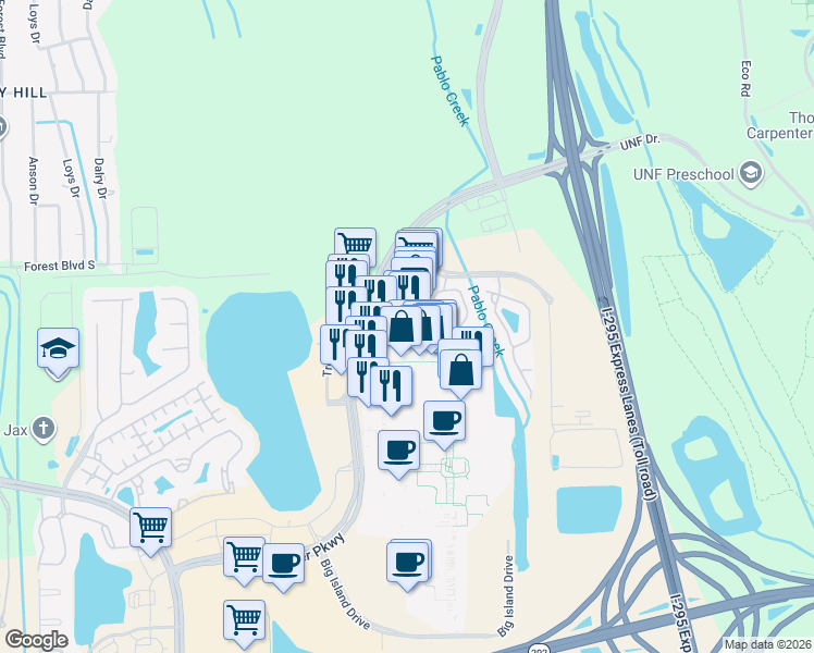 map of restaurants, bars, coffee shops, grocery stores, and more near 4413 Town Center Parkway in Jacksonville