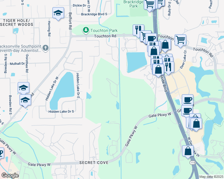 map of restaurants, bars, coffee shops, grocery stores, and more near 3545 Twisted Tree Lane in Jacksonville